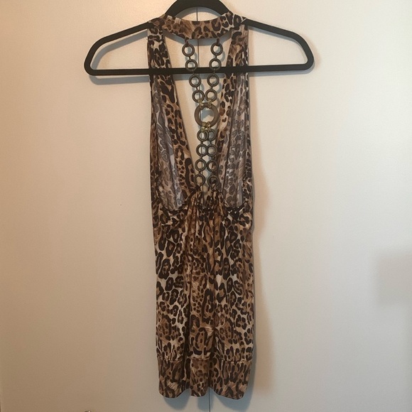 Kiwi Leopard Print Wooden & Gold Chain Open Back Halter Top Size Large - Picture 3 of 6